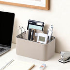 Caddy Organizer with Handle, PU Leather Remote Control Holder Desk Caddy, Portable Makeup Remote Organizer for Table, Nightstand, Office (Beige)
