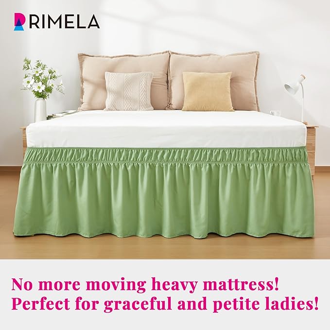 RIMELA Light Green Bed Skirt Queen Size 15 Inch Drop, Elastic Bed Skirting, Bedding Dust Ruffle Easy to Install, Wrap Around Bedskirt, Bedroom Decor