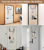 Broom Holder Over The Door-304 Stainless Steel Mop and Broom Holder Wall Mounted or Hanging Over The Door with Hooks - Broom Hanger, Tool Organizer for Garage Closet Laundry Kitchen-Space grey