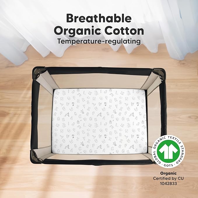 2-Pack Mini Crib Sheets Fitted - 38x26 Pack N Play Sheets for Pack and Play Mattress, Organic Cotton, Soft & Breathable Playard Bedding, Neutral Mini Toddler Bed Cover for Boys, Girls (ABC Land)