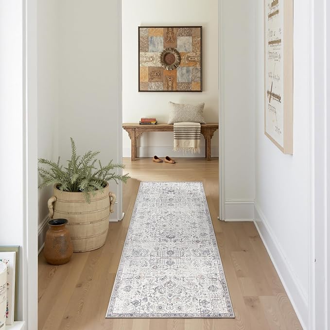 jinchan Kalen Runner Rug 2x5 Washable Hallway Rug Vintage Indoor Thin Retro Floor Cover Distressed Gray Floral Country Lightweight Non Slip Carpet for Entryway Bathroom Bedroom Living Room Grey