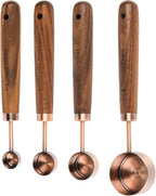Copper Measuring Cups & Spoons Set 8, Stainless Steel Measuring Cups and Spoons Set for Baking and Kitchen, Metric & US Metal Measure Cup & Spoon with Wood Handle for Dry & Liquid