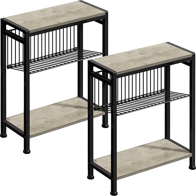 Small Side Table Set of 2 for Small Space, 3-Tier Narrow End Table with Magazine Holder, Slim Nightstand, Skinny Snack Couch Table in Living Room, Bedroom, Kitchen and Balcony (Greige)