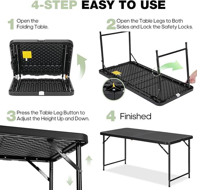 4ft Folding Table with Adjustable Height, 3-Level Foldable Table with HDPE Top & Steel Legs, Portable 4 Foot Folding Table for Picnic, Party, Craft, Indoor Outdoor Use, Black