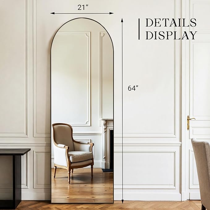 MISSDAY Arched Full Length Mirror, 64"x21" Full Body Mirror with Stand, Floor Mirror Long Free Standing, Leaning or Hanging, Aluminum Thin Frame Wall-Mounted Mirrors Wall Mirrors for Bedroom, Black