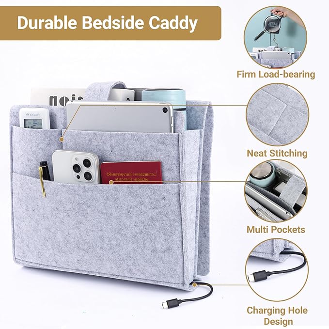 Seefoo Bed Caddy Organizer, Bunk Bed Shelf Caddy with 4 Pockets, Easy Storage as Books, Remotes, Magazine Holder, Sturdy Bedside Organizer for Bed, Bunk, Dorm, Sofa Grey