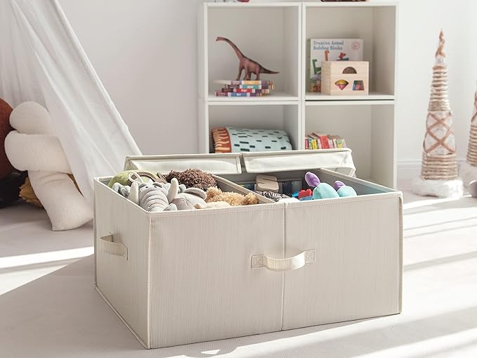 StorageWorks Extra Large Storage Bins with Lids, 55L Decorative Storage Bins with Double-Open Lid and Divider Board, Fabric Bins with Handles, Mixing of Beige, White & Ivory, 2-Pack