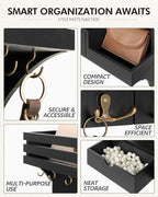 Rebee Vision Modern Key Holder Wall Mount with Mini Drawer Organizer - Decorative Mail Organizer with 9 Key Hooks and Floating Shelf - Stylish Home Decor for Apartment Essentials (Black)
