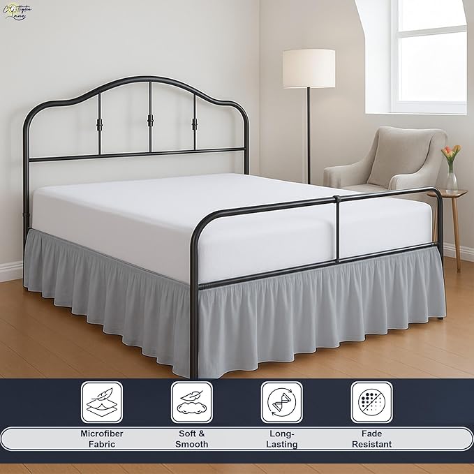 Cottington Lane Ruffled Bed Skirt Full Size with Split Corner, Brushed Microfiber Hotel Quality Silver Grey Dust Ruffle, 24 Inch Drop Gathered Bedskirt, Soft and Stylish, Shrinkage and Fade Resistant