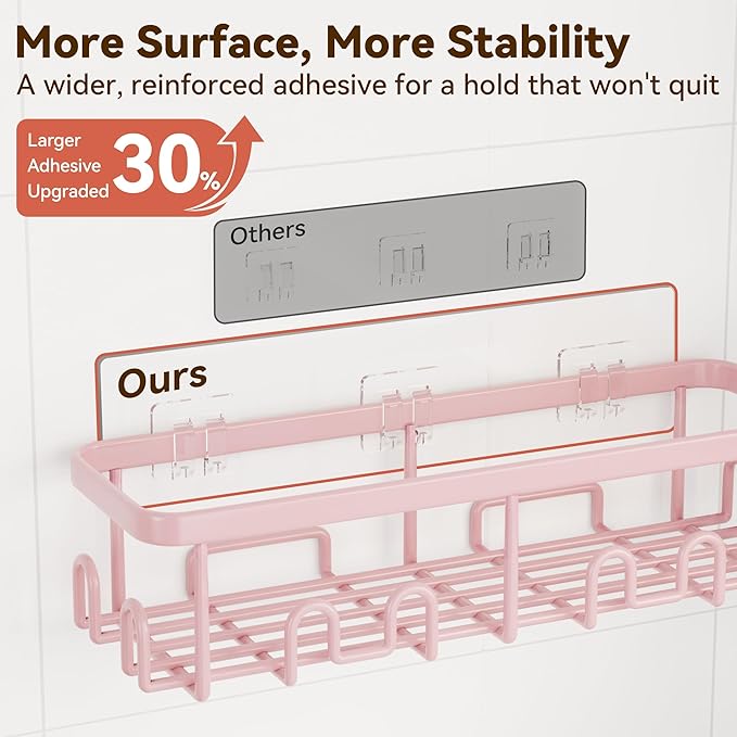 YASONIC Shower Caddy Adhesive 5-Pack, Rustproof Shower Organizer with Holder, No Drilling Shower Shelves for Inside Shower, Large Capacity Bathroom Organizers and Storage for Home & Renters, Pink