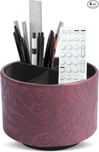 Round Leather Art Supply Organizer,Remote Control Holder,360 Degree Spinning,Multi-Functional Pencil Holder,4 Compartments Desktop Stationary Organizer(1-Carved Dark Brown)