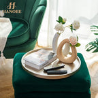 Hanobe Large Ottoman Serving Tray: 18” Gold Round Decorative Coffee Table Trays Wooden Big Circle Farmhouse Centerpiece Home Decor Living Room Organizer