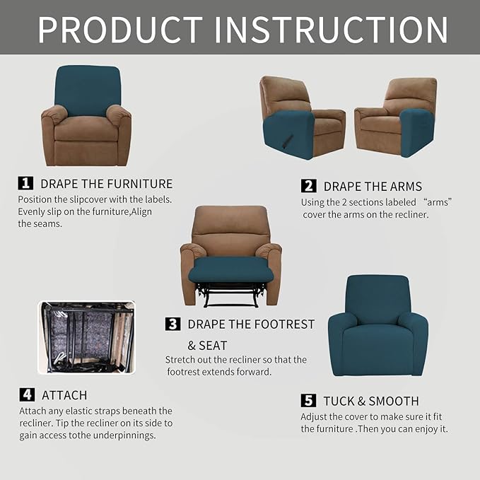 Easy-Going Recliner Stretch Sofa Slipcover Sofa Cover 4-Pieces Furniture Protector Couch Soft with Elastic Bottom Kids, Spandex Jacquard Fabric Small Checks(Recliner,Deep Teal)