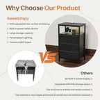 DUMOS Nightstand with Charging Station, Bedside End Table with 3 Fabric Drawers & USB/Type-C Ports and Outlets, Night Stand for Bedroom Furniture, Adjustable Feet and Variable Light Strip, Black
