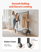 VEVOR Clothes Rack, Rolling Clothing Garment Rack with Hanging Rod and Side Hooks, 198 lbs Load Capacity, Heavy Duty Carbon Steel Clothing Racks with Wheels, Ideal for Bedroom, Laundry, Living Room