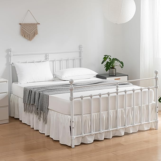 Bed Skirt Twin Size Ruffled Bed Skirt with Split Corners, 14 Inch Drop Dust Ruffle Bed Skirt with Platform, Ivory