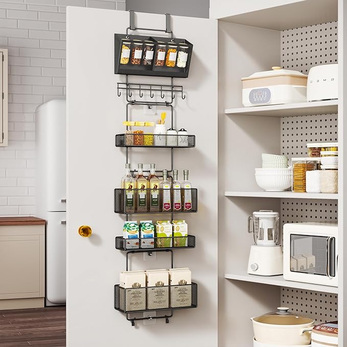 HapiRm Over Door Organizer Hanging - 6 Tier Over The Door Storage with Visual Pockets & Hooks, with 4 Metal Large Capacity Baskets for Bathroom Bedroom Kitchen Pantry Cabinet