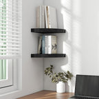 Fun Memories Floating Corner Shelves Set of 2 - Rustic Wood Wall Mounted Storage and Display Shelves for Living Room, Bedroom, Kitchen, Bathroom - Space Saving Home Decor, Black