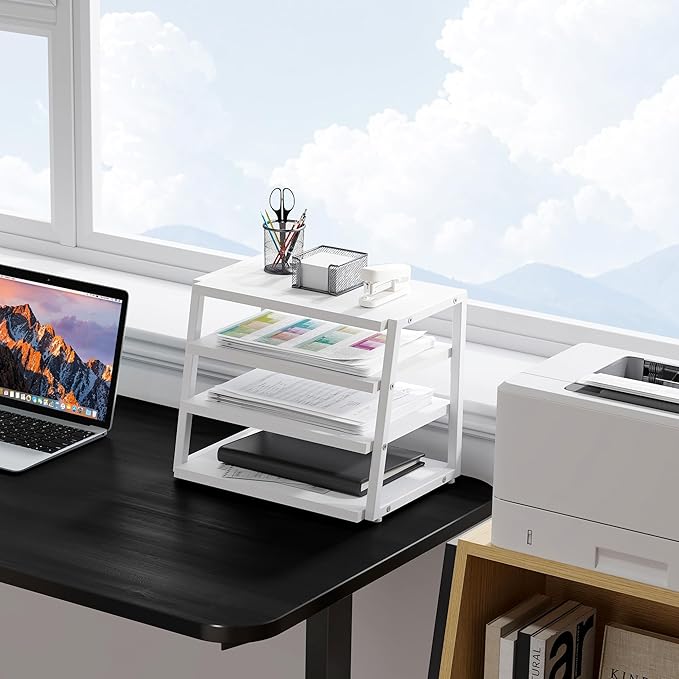 Fenge Desk Shelf Organizer, 4 Tier Desktop Shelf, Wood and Metal Office Shelves, Corner File Organizer for Office Supplies, Top of Desk Organizers and Accessories