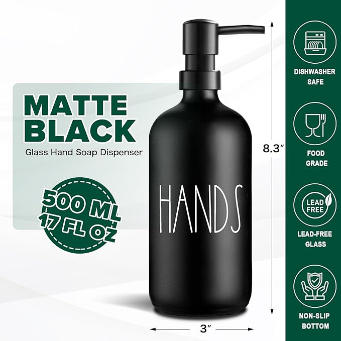 VIMERPA Hand Soap Dispenser, Matte Black Soap Dispenser for Bathroom, Glass Hands Liquid Dispenser with Plastic Pump, 17 Fl Oz Refillable Lotion Soap Bottle Container, Farmhouse Kitchen Decor
