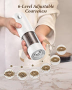 Electric Salt and Pepper Grinder Set - Automatic Refillable Salt and Pepper Grinders with Charging Base & LED Light, 6-Level Adjustable Coarseness with External Dial, Ideal Kitchen Gadget，Black& White