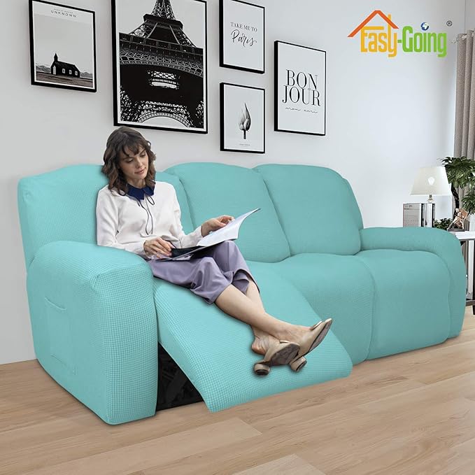 Easy-Going 8 Pieces Recliner Sofa Stretch Sofa Slipcover Sofa Cover Furniture Protector Couch Soft with Elastic Bottom Kids, Spandex Jacquard Fabric Small Checks Light Green