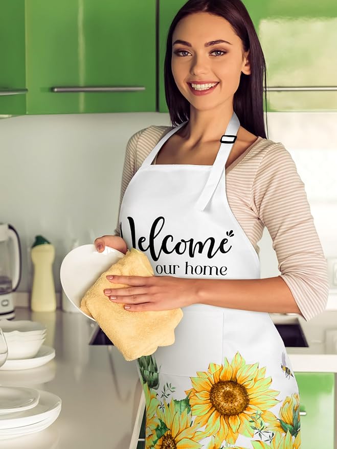 Bencailor 6 Pcs Spring Kitchen Aprons with Pockets Flower Rooster Bee Butterfly Sunflower Summer Aprons Bulk for Women(Yellow, Black, White,Sunflower Bee)