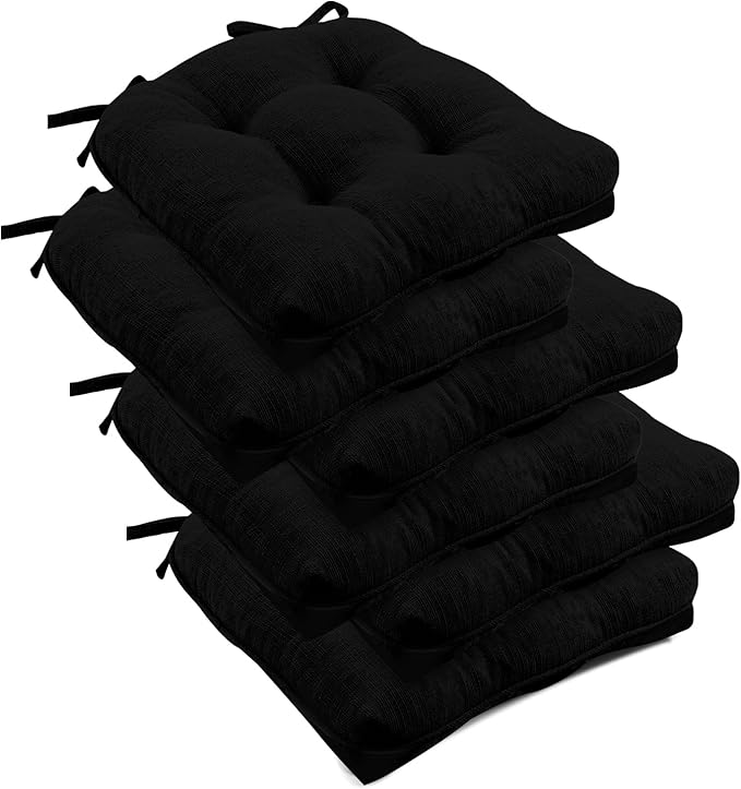 downluxe Indoor Chair Cushions for Dining Chairs, Tufted Overstuffed Textured Foam Kitchen Chair Pads with Ties and Non-Slip Backing, 15.5" x 15.5" x 4", Black, 6 Pack