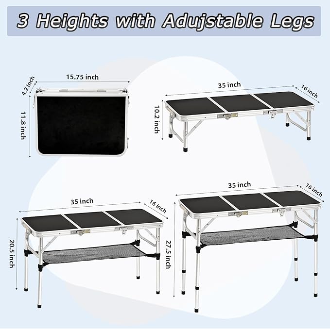 YihuiKo 3 ft Folding Table, Camping Table with Storage Net, Lightweight Portable Aluminum Foldable Table with Adjustable Height Max 27.5 Inch Outdoor Table for Picnic Travel, Black