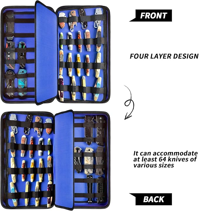 GWCASE Display Case for 66+ Pocket Knives. Folding Holder, Butterfly Storage Organizer, Roll Collection Pouch Carrier Bag for Survival Tactical Outdoor for EDC Mini Knife -Blue
