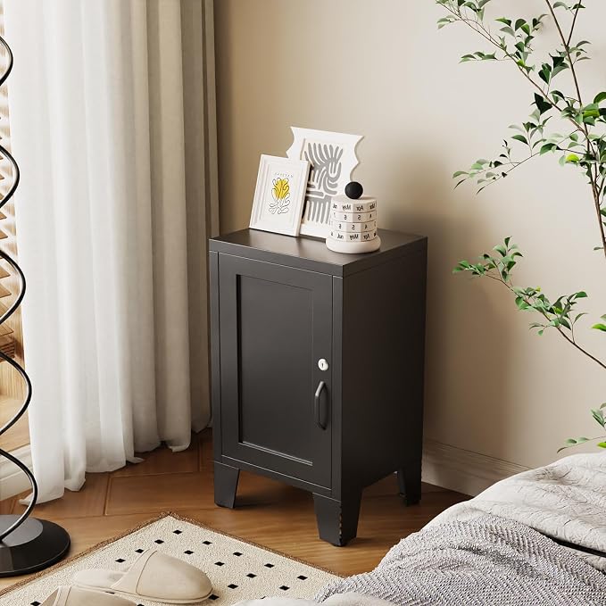 ALBAD Metal Nightstand with Lockable Cabinet, Compact Mini Locker Bedside Table