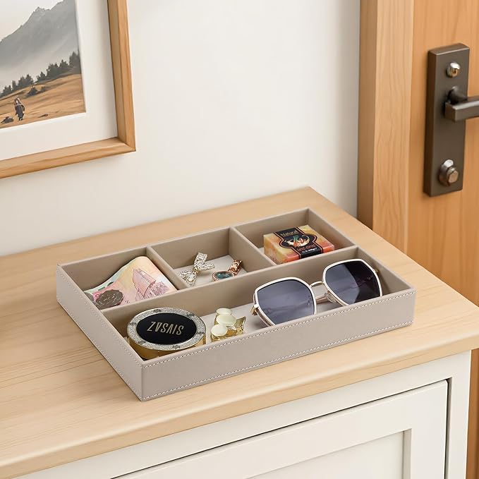 GORESE PU Leather Valet Tray, Stackable Jewelry Trays for Dresser, Drawer Nightstand Organizer Bedside Trays for Men Women, Entryway Desk Catchall Tray for Trinket, Key, Purse, Watch, Cologne, Beige