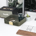 SANZIE Luxury Leather Tray Organizer Valet Tray Key Tray for Entryway Table Desktop Storage Catchall Tray Decorative Tray for Jewelry Keys Wallet Phone Watch (Metal Gilded, Khaki Green)