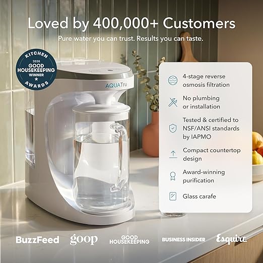AquaTru Carafe Countertop Water Purifier | Compact 4-Stage Reverse Osmosis System with Glass Carafe Removes 84 Contaminants Including Forever Chemicals, Lead & Fluoride | No Plumbing