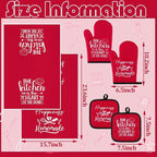 Sratte 6 Pcs Kitchen Decor Accessories Set Farmhouse Towels Pot Holders Oven Mitts Set 2 Dish Towels 2 Potholders 2 Cooking Mittens Oven Glove for Christmas Baking Cooking Supply(Red,Kitchen)