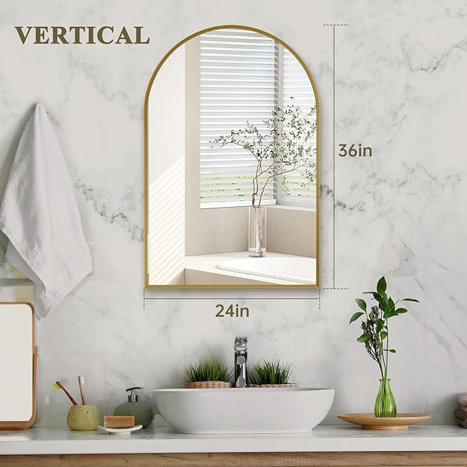 Arched Wall Mirror for Bathroom, 24"x36" Gold Mordern Metal Frame for Entryway Living Room Bedroom Wall Decor