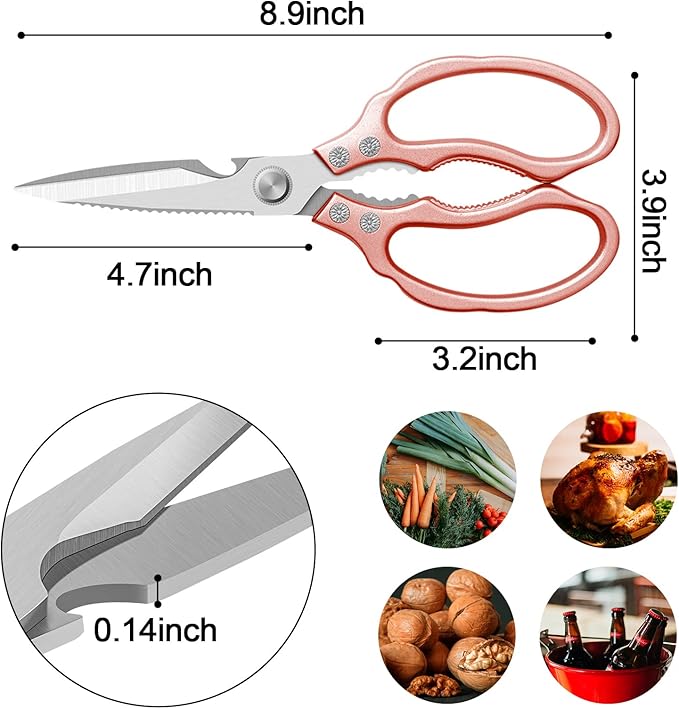 CGBE Kitchen Scissors, Multi-Purpose Kitchen Shears, Heavy Duty Dishwasher Safe Food Scissors for Chicken, Poultry, Fish, Meat & Herbs with Non-Slip Grips - Rosegold
