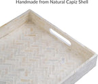 PEMAR Handmade Capiz Shell Decorative Serving Tray – Mother of Pearl Finish Herringbone Mosaic Rectangular Tray with Handles, 15.74 x 11.8 x 2 in, for Coffee Table & Home Decor