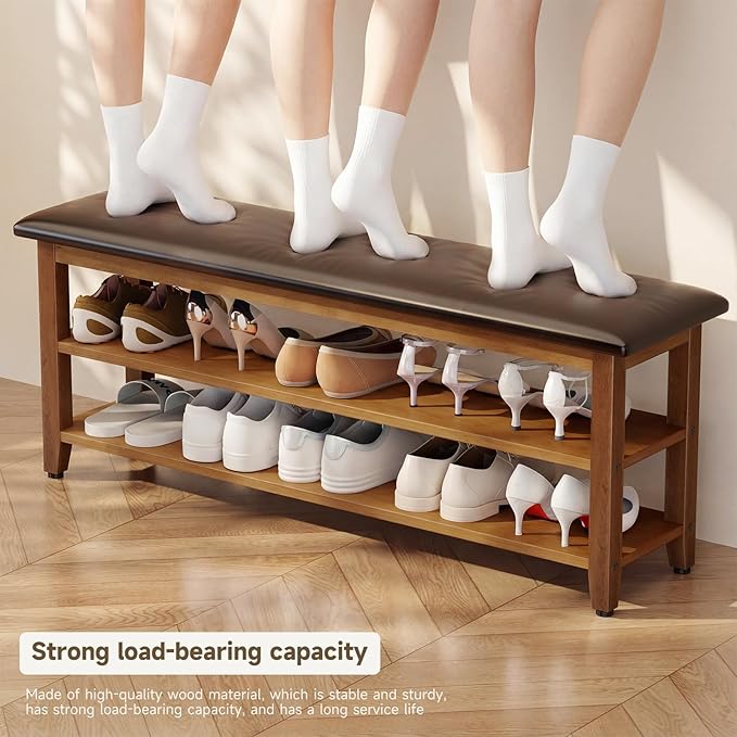 Shoe Bench with Leather Cushion,Wood Bench with Shoe Rack,2-Tier Shoe Storage Organizer for Entryway,Hallway,Living Room (2-Tier-47.3", Rubberwood)
