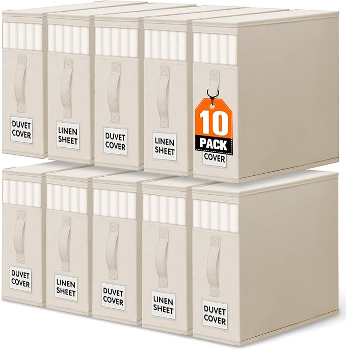 WOWBOX Sheet Organizers and Storage,Closet Bed Sheet Organizer Under Bed Storage and Organization with Label Cards & Clear Window for Bedding Sheets,Duvet Covers,Blankets (10 Pack，Beige)
