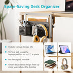 PEGZONE Desk Side Storage Organizer, No Drill Under Desk Laptop Holder, Clamp on Desks Shelf with Pegboard Accessories, Hanging Laptop Mount, Fits Flat Edge 0.4" to 2.2", Black