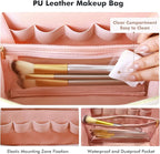 Prite Makeup Bag for Women Travel Waterproof Vegan Leather Cosmetic Bag Open Flat Toiletry Bag With Clear Divider and Handle (Pink, Large Pro)
