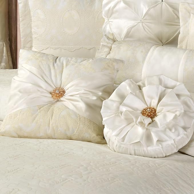 Cameo Lace Luxury Washable Polyester Bedding Set | Vintage Elegant | Pearl | Scroll Leaf Floral Cameo Quilting Embroidered | Set of Five: Cal King Bedspread, Two King Shams, Square and Round Pillows