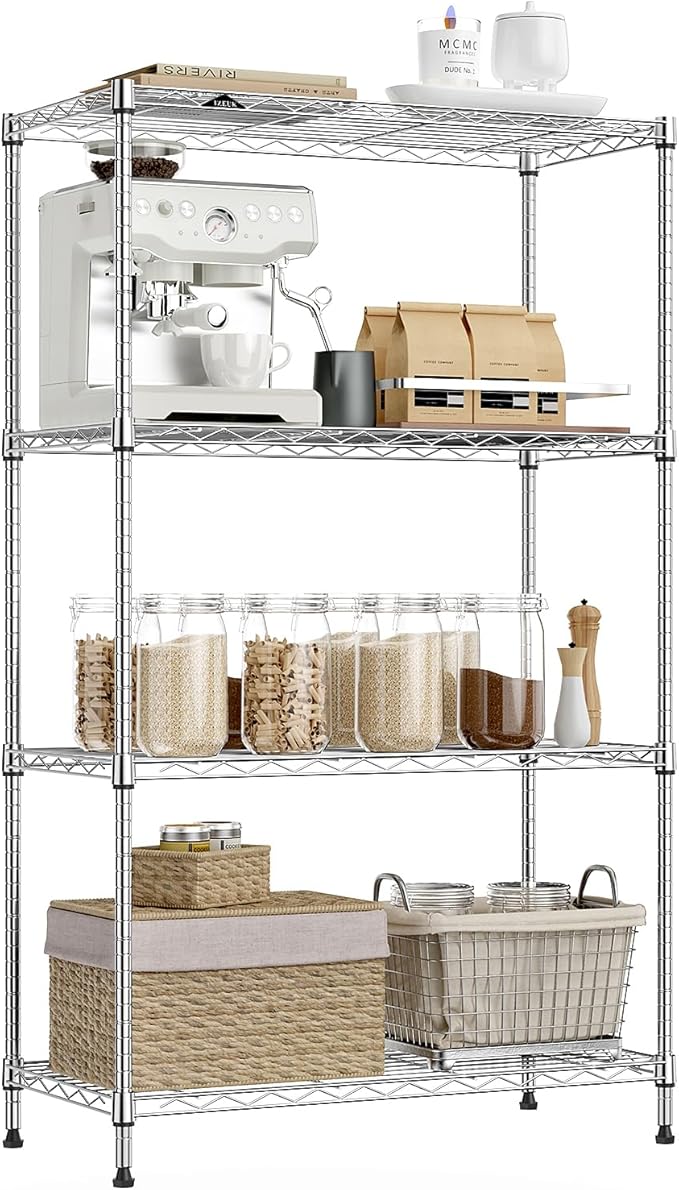 IZEUK 4-Tier Heavy Duty Steel Storage Shelves, Metal Shelf Wire Shelving Rack for Pantry, Kitchen, Home, or Office Organization (29.5" W x 13.7" D x 47.2" H, 1000LBS, Chrome)