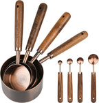Copper Measuring Cups & Spoons Set 8, Stainless Steel Measuring Cups and Spoons Set for Baking and Kitchen, Metric & US Metal Measure Cup & Spoon with Wood Handle for Dry & Liquid