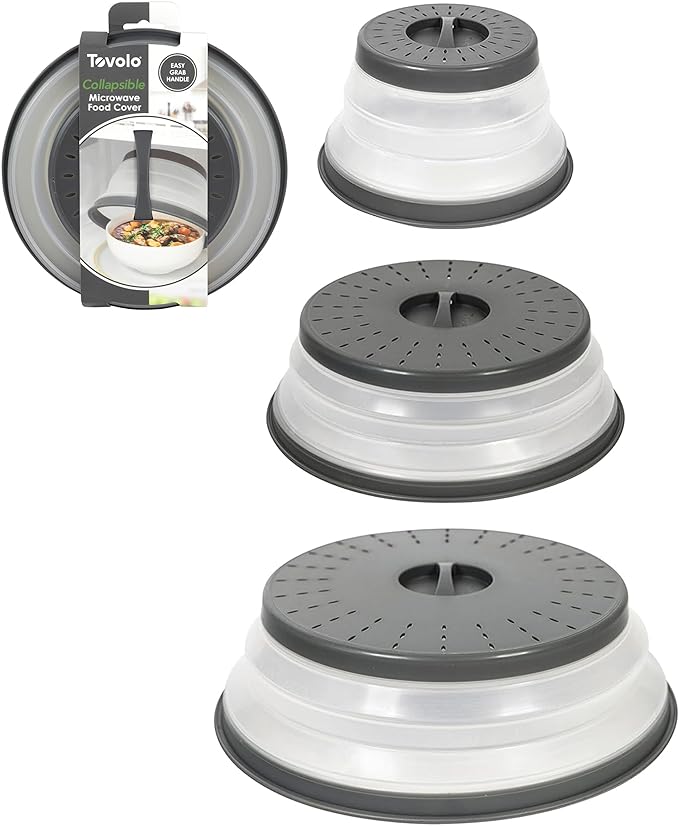 Tovolo Microwave Splatter Cover for Food, 3-Pack (Charcoal) - Collapsible & Vented Silicone Splatter Guard Lid - Microwave Plate & Dish Cover with Handle - BPA-Free Kitchen Gadget for Meal Prep