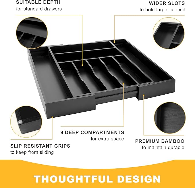 Large Premium Bamboo Silverware Organizer - Expandable Drawer Organizer & Utensil Organizer - 17"x19.7" Cutlery Tray with Dividers for Kitchen Utensils and Flatware (7-9 Slots) (Black)