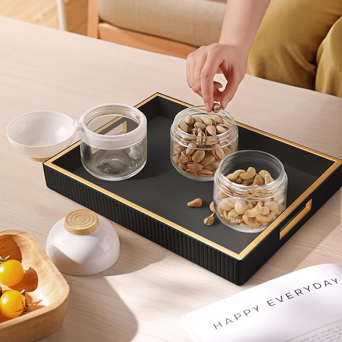 SANZIE Leather Tray Desktop Storage Organizer Premium Serving Tray Decorative Tray Valet Tray for Sundries Cosmetics Phone Wallet Cutlery (Black Holder)
