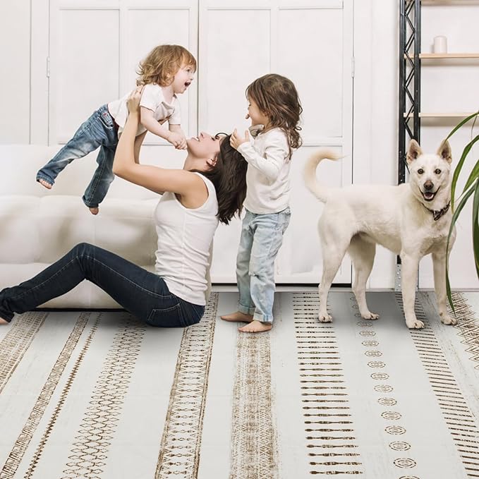 Washable Rugs 5x7 Area Rugs for Living Room, Thin Carpet for Bedroom, Boho Soft Faux Wool Retro Dining Room Rug，Non Slip&Non-Shedding Resistant Low Pile Vintage Print Rug for Home Office (Beige)
