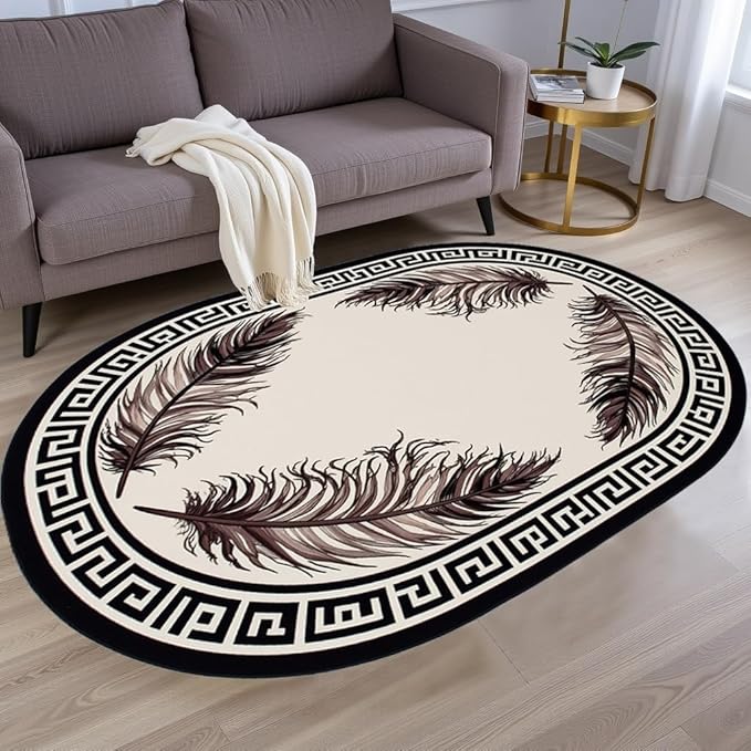 Light Beige Tan Black Greek Key Pattern Bordered Large Rugs for Living Room Bedroom Dining Room Machine Washable Non Skid Soft Area Rug 3x5 Nursery Dorm Guestroom Minimalist Oval Floor Mats Carpet